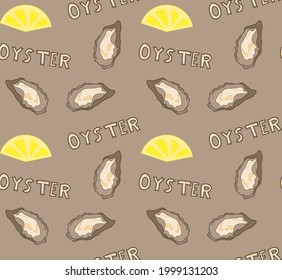 Seamless pattern with fresh oysters shell and lemon. Vector package, banner, cover, wrapping paper template with trendy seafood elements.