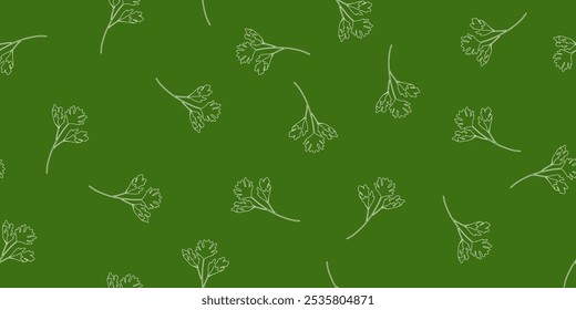 Seamless pattern with fresh parsley leaves outlines on dark green background, vector