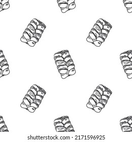 Seamless pattern with fresh pastries, buns, croissants, maple pecans, French bakery, pastry, sketch-style pattern on a white background.