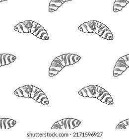 Seamless pattern with fresh pastries, buns, croissants, maple pecans, French bakery, pastry, sketch-style pattern on a white background.
