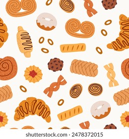 Seamless pattern with fresh pastry, sweet bakery.  Background with bakery products, flour food. Hand drawn croissants, cupcakes, biscuit, donuts, buns. Flat vector illustration.