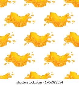 Seamless pattern with fresh peach juice splash burst isolated on white background. Summer fruit juice. Cartoon style. Vector illustration for any design.