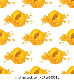 Seamless pattern with fresh peach juice splash burst isolated on white background. Summer fruit juice. Cartoon style. Vector illustration for any design.