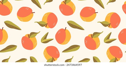 Seamless pattern with fresh peaches fruits illustration. Design for cosmetics, spa, juice, health care products, perfume, paper, cover, fabric, interior decor. Trendy background.