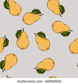 Seamless pattern with fresh pears and green leaves on pastel grey background. Hand drawn vector illustration.