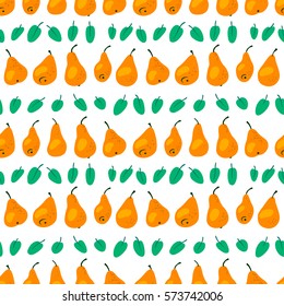 Seamless pattern with fresh  pears. Harvesting background with fruits and leaves. Vector illustration in simple style