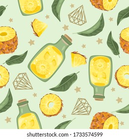 Seamless pattern with fresh pineapple drink. Leaves and berries. Vector illustration.
Printing on fabric, paper, postcards, invitations.
