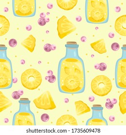 Seamless pattern with fresh pineapple drink. Leaves and berries. Vector illustration.
Printing on fabric, paper, postcards, invitations.