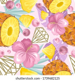 Seamless pattern with fresh pineapple, flowers, leaves and berries. Vector illustration.
Printing on fabric, paper, postcards, invitations.