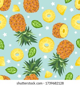 Seamless pattern with fresh pineapple, flowers, leaves and berries. Vector illustration.
Printing on fabric, paper, postcards, invitations.