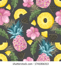 Seamless pattern with fresh pineapple, flowers, tropical leaves and berries. Vector illustration.
Printing on fabric, paper, postcards, invitations.