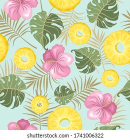 Seamless pattern with fresh pineapple, flowers, tropical leaves and berries. Vector illustration.
Printing on fabric, paper, postcards, invitations.