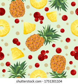 Seamless pattern with fresh pineapple, flowers, tropical leaves and berries. Vector illustration.
Printing on fabric, paper, postcards, invitations.
