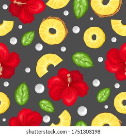 Seamless pattern with fresh pineapple, flowers, tropical leaves and berries. Vector illustration.
Printing on fabric, paper, postcards, invitations.
