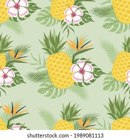 Seamless pattern of fresh pineapple fruits nature background with tropical leaves and beautiful flowers vector illustration