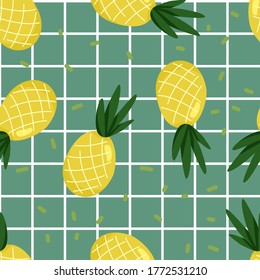Seamless pattern with fresh pineapple and leaves. Cute vector background illustration