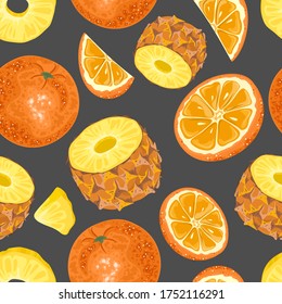 Seamless pattern with fresh pineapple and orange. Vector illustration.
Printing on fabric, paper, postcards, invitations.