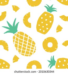 Seamless pattern of fresh pineapples with colored doodle style.
