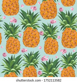 Seamless pattern with fresh pineapple,tropical leaves. Vector illustration.
Printing on fabric, paper, postcards, invitations.