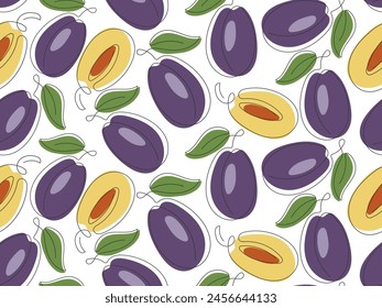 Seamless pattern of fresh plums. Outline drawn summer fruit background. Line drawing natural ripe plum. Pattern for packaging jam, juice, cover, fabric, wallpaper