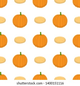 Seamless pattern with fresh pumpkin and potato vegetables. Organic food. Cartoon style. Vector illustration for design, web, wrapping paper, fabric, wallpaper.