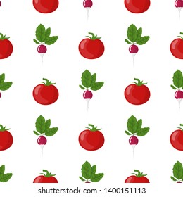 Seamless pattern with fresh radish and tomato vegetables. Organic food. Cartoon style. Vector illustration for design, web, wrapping paper, fabric, wallpaper.