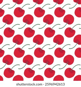 Seamless Pattern of Fresh Red Cherries with Green Stems on White Background. Bright and cheerful seamless pattern featuring plump red cherries with green stems on a white background. Perfect for decor