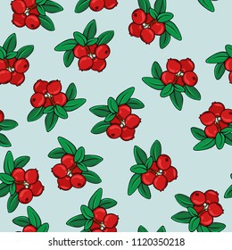 Seamless pattern with fresh red cranberries and green leaves on pastel blue background. Hand drawn vector illustration.