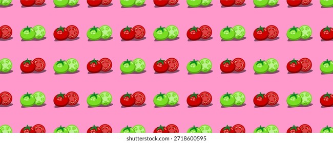 Padrão contínuo de tomates vermelhos e verdes frescos, inteiros e fatiados, definido contra um fundo rosa alegre, ilustração de vetor isolada para papéis de parede e design