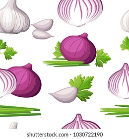 Seamless pattern of fresh red onion and white garlic vegetable from the garden organic food vector illustration isolated on white background web site page and mobile app design.