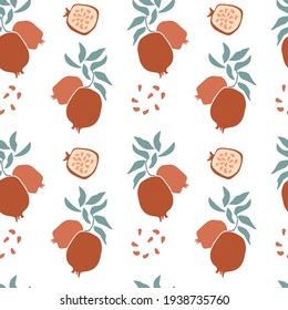 Seamless pattern of fresh red pomegranate fruit with green leaves, seeds in hand drawing style isolated on white background. Vector flat illustration. Design for textile, wallpaper, wrapping, backdrop