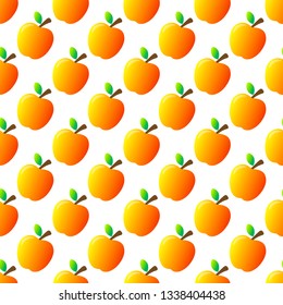 Seamless pattern of fresh red ripe juice shiny apple with reflection, stem and leaf. Isolated on white background. Editable vector EPS 10 illustration.
