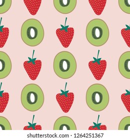 Seamless pattern of fresh red strawberries and kiwis on a pink background. Great for textile print, invitations, or packaging. Vector file.