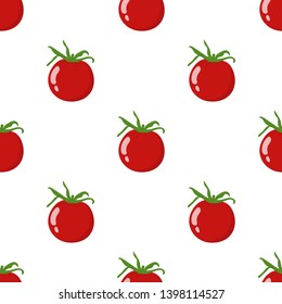 Seamless pattern with fresh red tomato vegetable. Organic food. Cartoon style. Vector illustration for design, web, wrapping paper, fabric, wallpaper.