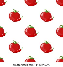 Seamless pattern with fresh red tomato and chilli pepper isolated on white background. Organic food. Cartoon style. Vector illustration for design, web, wrapping paper, fabric.