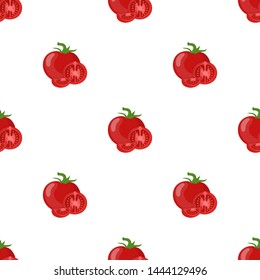 Seamless pattern with fresh red tomato vegetable isolated on white background. Whole, half and slice tomato icon. Organic food. Cartoon style. Vector illustration for design.
