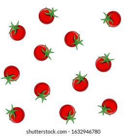 Seamless Pattern with Fresh Red Tomato Vegetable isolated on white background. Organic Food. Cartoon Flat Style. Vector illustration for Your Design, Web, Wrapping Paper, Fabric, Wallpaper.