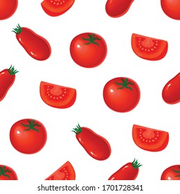 Seamless pattern with fresh red tomatoes fresh red tomatoes. Half a tomato, a slice of tomato.