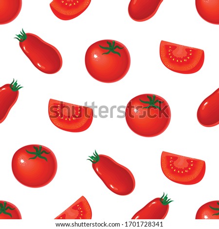Seamless pattern with fresh red tomatoes fresh red tomatoes. Half a tomato, a slice of tomato.