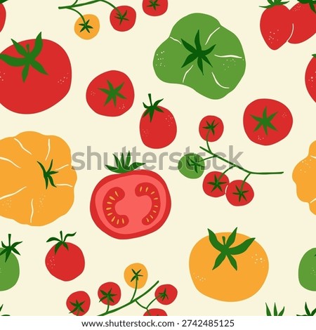 Seamless pattern with fresh red, yellow, green tomatoes including cherry tomatoes, sliced tomato and different garden tomato varieties in flat hand drawn style on light background