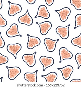 Seamless pattern with fresh ripe delicious juicy figs whole and cut in half and quarter. Fig vector seamless pattern on white background.