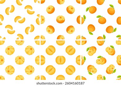 Seamless pattern with fresh ripe mandarins, peeled mandarin slices and mandarin pieces