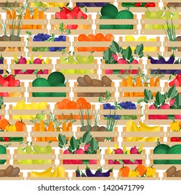 Seamless pattern with fresh ripe organic fruits and vegetables in wooden boxes. Backdrop with harvest or gathered crops in crates. Colorful vector illustration for wrapping paper, textile print.