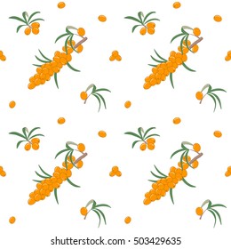 Seamless pattern with fresh ripe sea buckthorn berries on a branch with leaves. Natural medicine, medical herb. Vector illustration. For various designs.