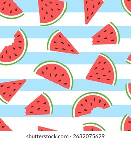 Seamless pattern with fresh ripe watermelon slices on blue striped background. Summer fruit theme wallpaper. Vector illustration in flat style.