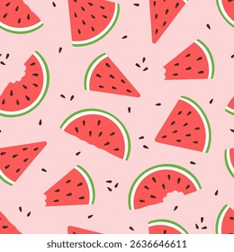 Seamless pattern with fresh ripe watermelon slices and seeds on pink background. Summer fruit or dessert theme wallpaper. Vector illustration in flat style.