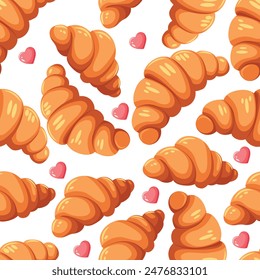 Seamless pattern with fresh ruddy croissants with crispy crust and pink hearts. Background for cafe menu design, labels and packaging.