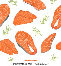 Nahtloses Muster mit frischem Lachs, Steak mit Rosmarin einzeln auf weißem Hintergrund, Vektorgrafik
