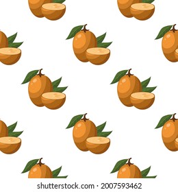 Seamless pattern with fresh sapodilla fruits isolated on white background. Summer fruits for healthy lifestyle. Organic fruit. Cartoon style. Vector illustration for any design.