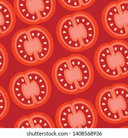 Seamless pattern. Fresh slice of tomatoes. Half cut juicy tomatoes. Flat vector illustration on red background. Fresh red Vegetable, Vegetarian, vegan Healthy organic food.
